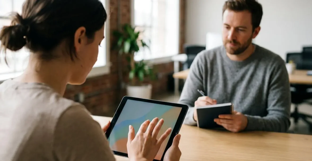 Observateur prenant des notes pendant qu'un utilisateur teste une interface sur tablette