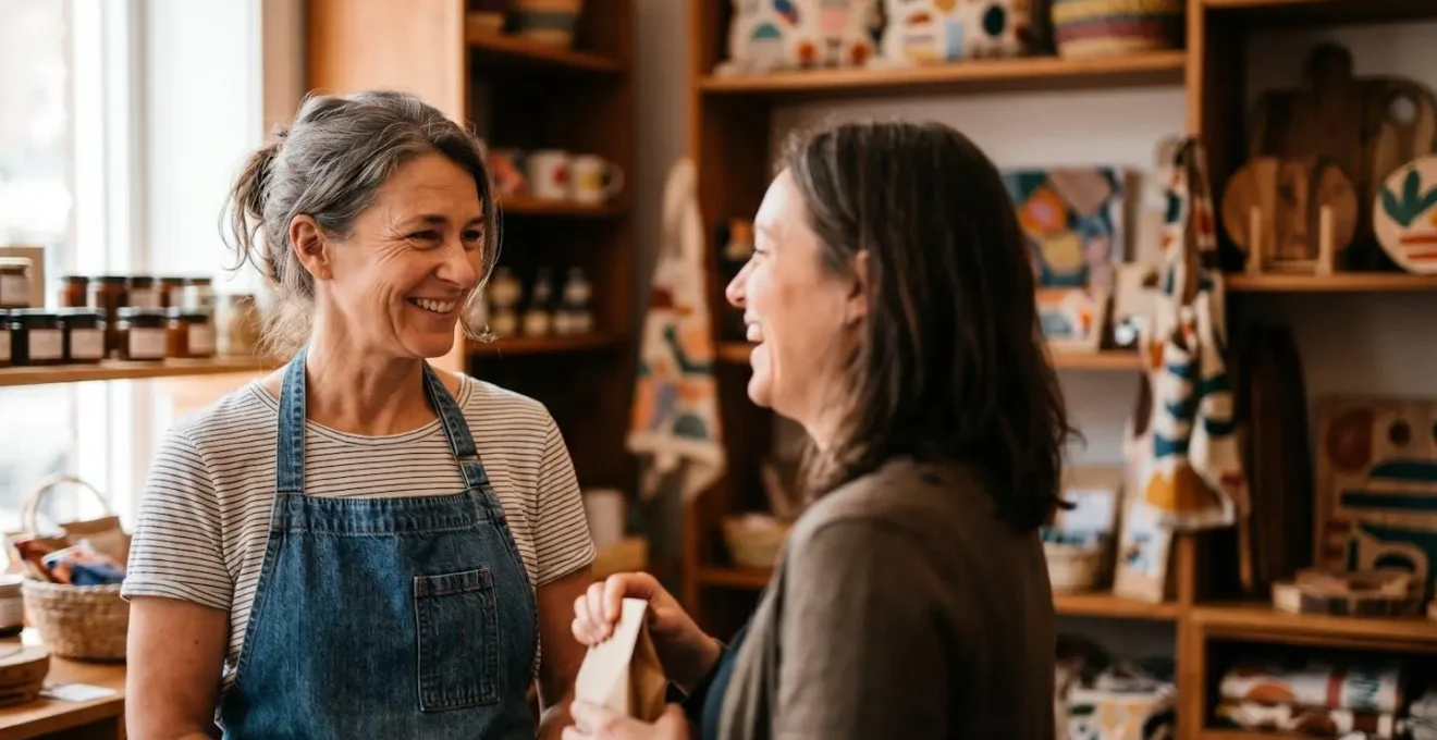 Portrait d'un commerçant souriant dans sa boutique avec des clients flous en arrière-plan
