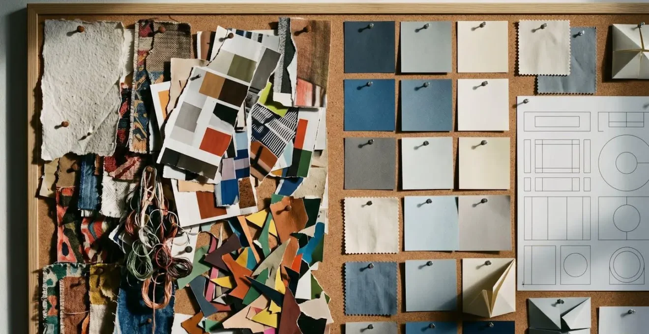 Moodboard créatif montrant des paires de mots en tension et des anti-références pour définir une direction artistique unique