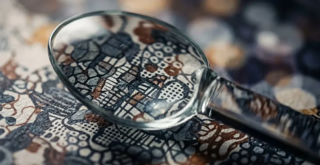 Vue macro d'une loupe examinant des données sur un écran avec des patterns de données floues Vue macro d'une loupe examinant des données sur un écran avec des patterns de données floues