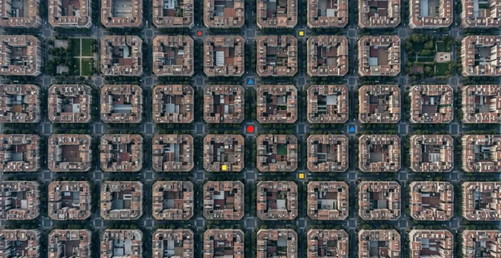 Vue aérienne minimaliste d'un quartier avec des épingles de localisation stylisées Vue aérienne minimaliste d'un quartier avec des épingles de localisation stylisées